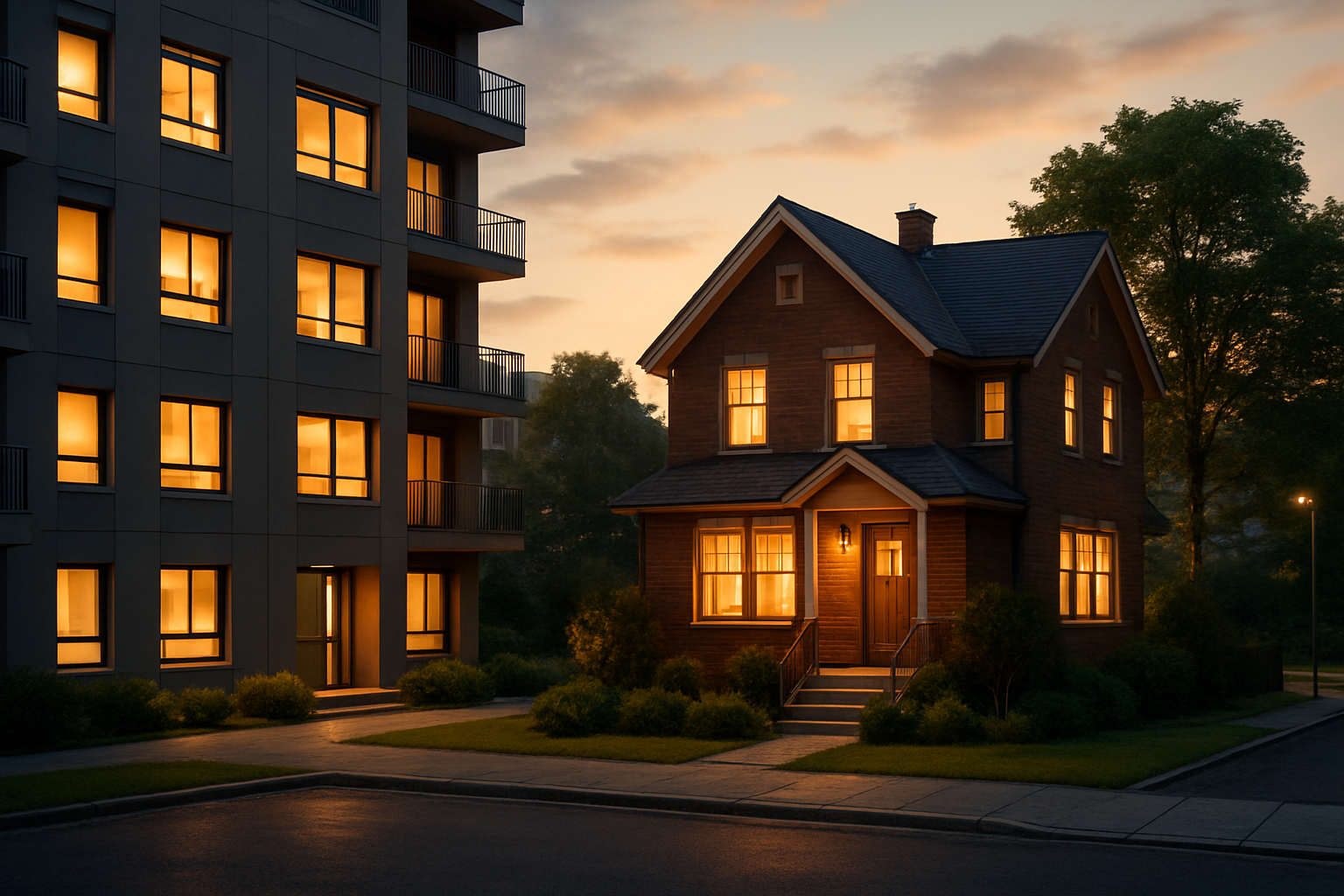 Bilder av hyreslägenhet och villa som symboliserar valet mellan hyra och köpa bostad.