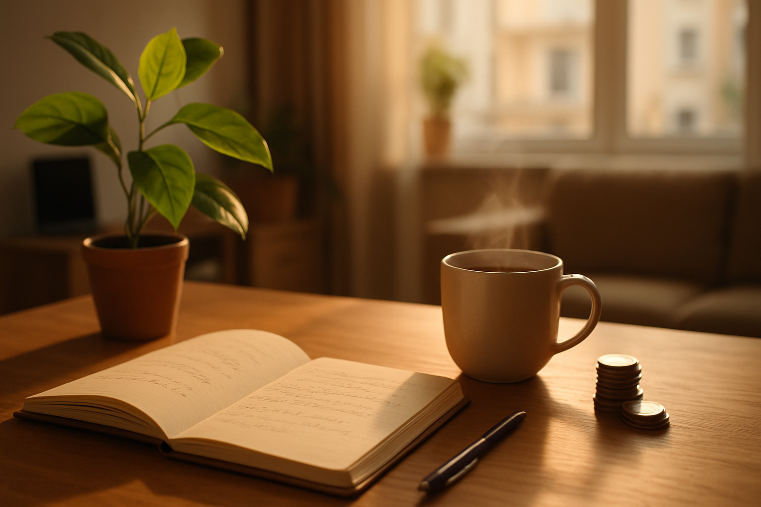 Varm hemmaplats med notisblock, kaffekopp och gröna växter, symboliserar ekonomi och balans