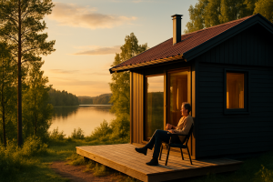 Person på veranda i svensk landsbygd som njuter av ekonomisk frihet och tidig pension.