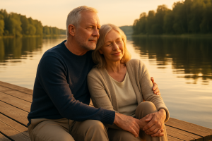 A par som njuter av lugn vid en sjö, symboliserar trygg pension i Sverige.