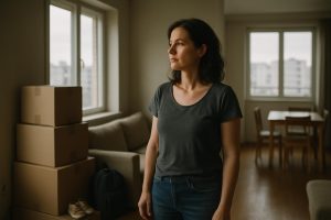Separerade ensamstående mamma i en liten trea tittar ut mot staden.