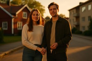 Bolåneräntorna faller när ett ungt par står i ett svenskt bostadsområde.
