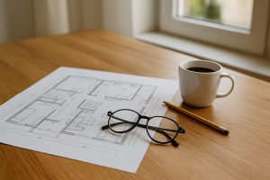 Ritning, glasögon och kaffekopp på bord – symboliserar planering av renovering inför ROT-avdrag 2025