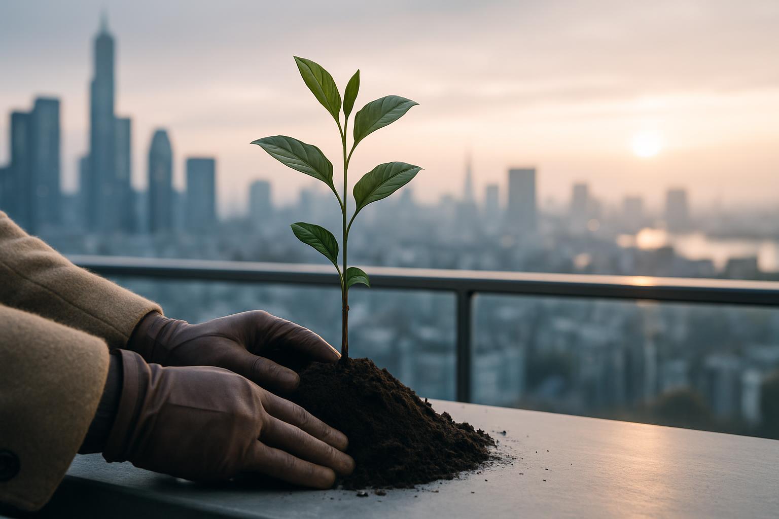 Bolanerantorna faller medan plantan planteras pa balkong med stadssilhuett i bakgrunden