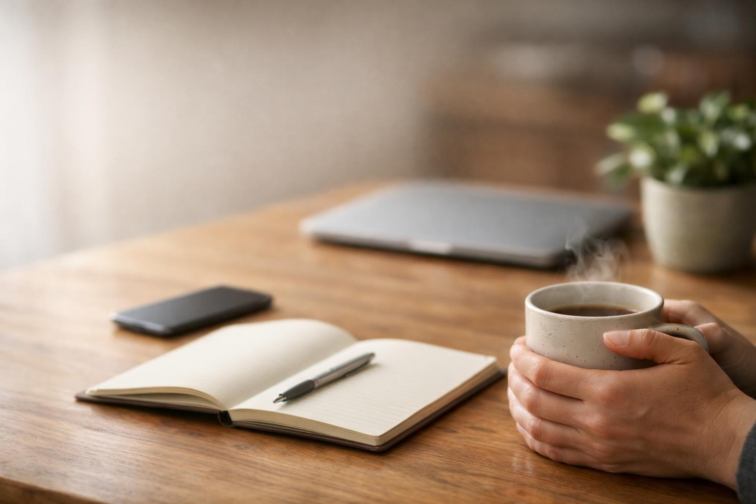 Lugnt kök i morgonljus med händer som håller ångande mugg bredvid notering.