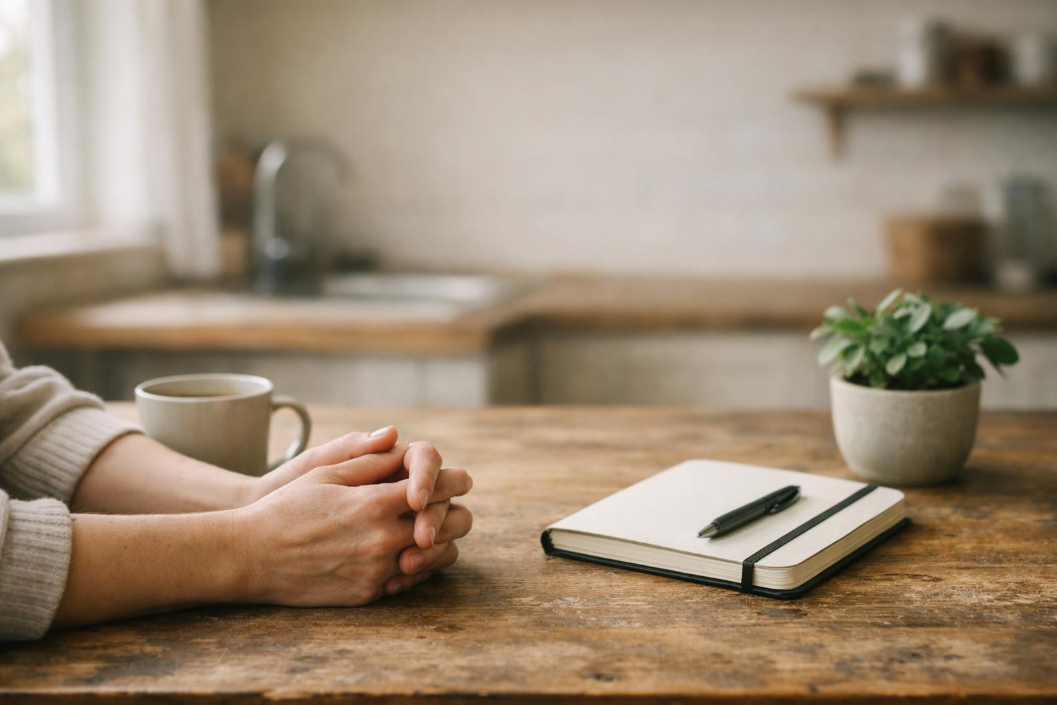 Skandinaviskt kök i morgonljus där händer vilar på ett träbord bredvid en mugg.