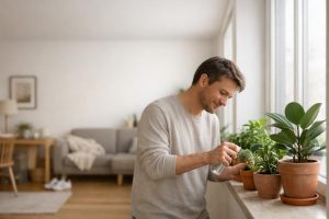 En person vårdar växter vid en solig fönsterbänk i en skandinavisk lägenhet.