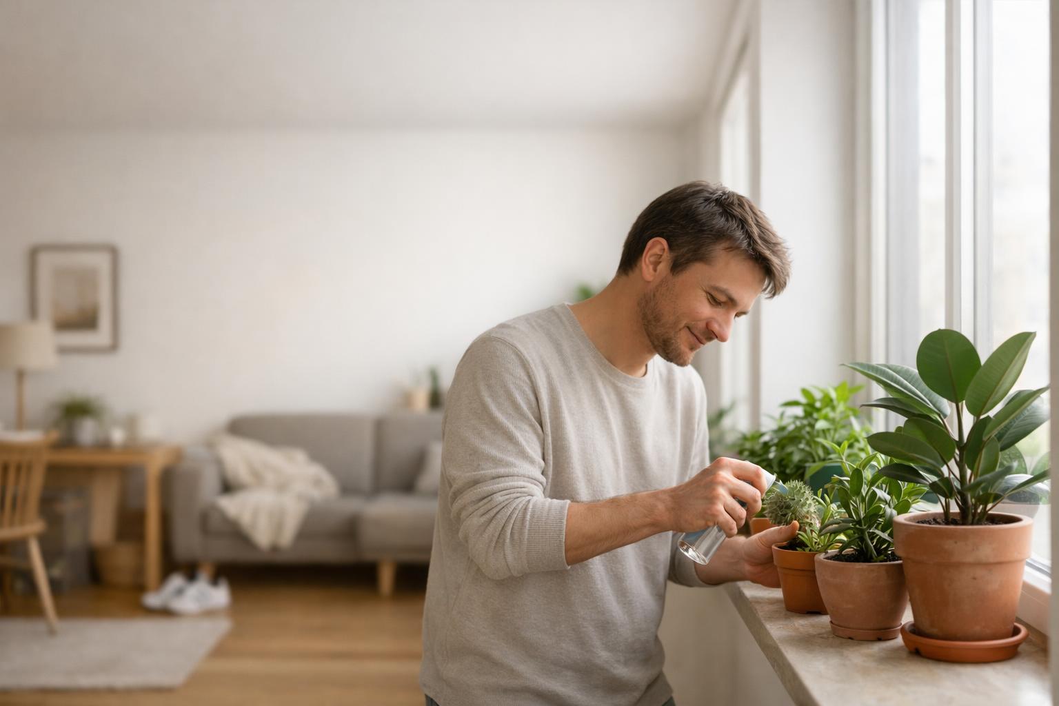 En person vårdar växter vid en solig fönsterbänk i en skandinavisk lägenhet.