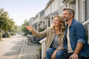 Par bostadsägare står på entrétrappen till ett skandinaviskt radhus i solsken.